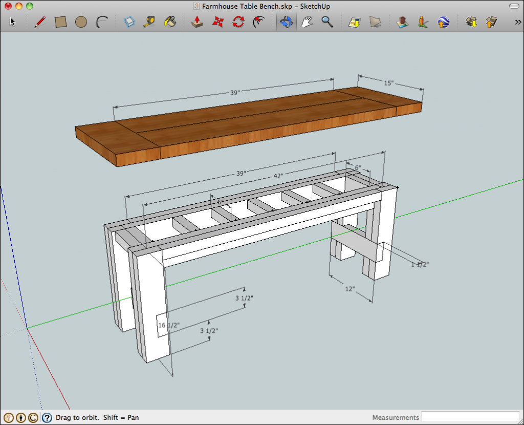 SketchUp model of the rustic farmhouse table bench with benchtop 