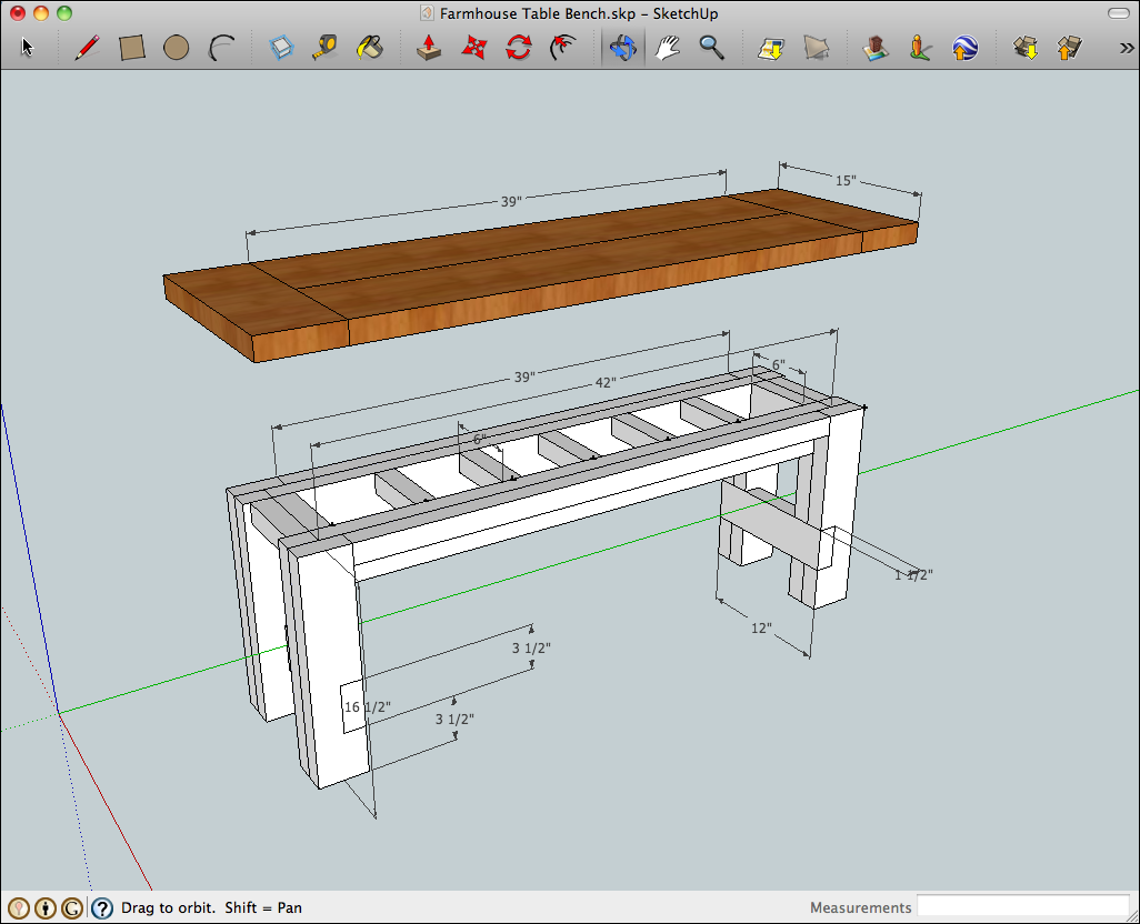 SketchUp model of the rustic farmhouse table bench with benchtop